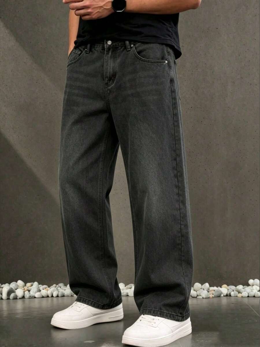 Men's Versatile Straight Leg Casual Jeans With Angled Pockets - Black - View 1
