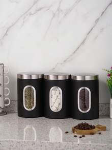 Myrothcane 3Pcs Airtight Stainless Steel Storage Canisters With Visible Window, Coffee Bean Tea Sugar Spice Sealed Jars, Countertop Kitchen Organizer Container Set - Multicolor - View 3