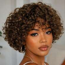 AMECIRE Brown Curly Wig Pixie Cut Wig Women's Short Hair Wig With Bangs Human Hair Wigs 5 Inches Machinery Manufacturing Suitable For All People - S4 - View 3