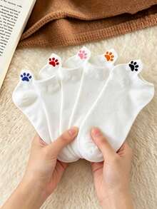 5 Pairs Colorful Cat Paw Summer Breathable Elastic Sports Socks, Popular White Basic Ruffle Socks, Suitable For Campus, Gym, Wedding, Daily Wear, Christmas Gift, Women's Socks - Multicolor - View 2