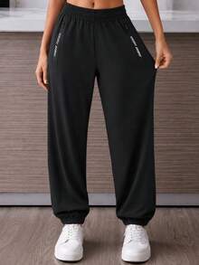 1pc Women's Casual Solid Color Versatile Sports Outdoor Pants, Spring/Autumn - Black - View 8