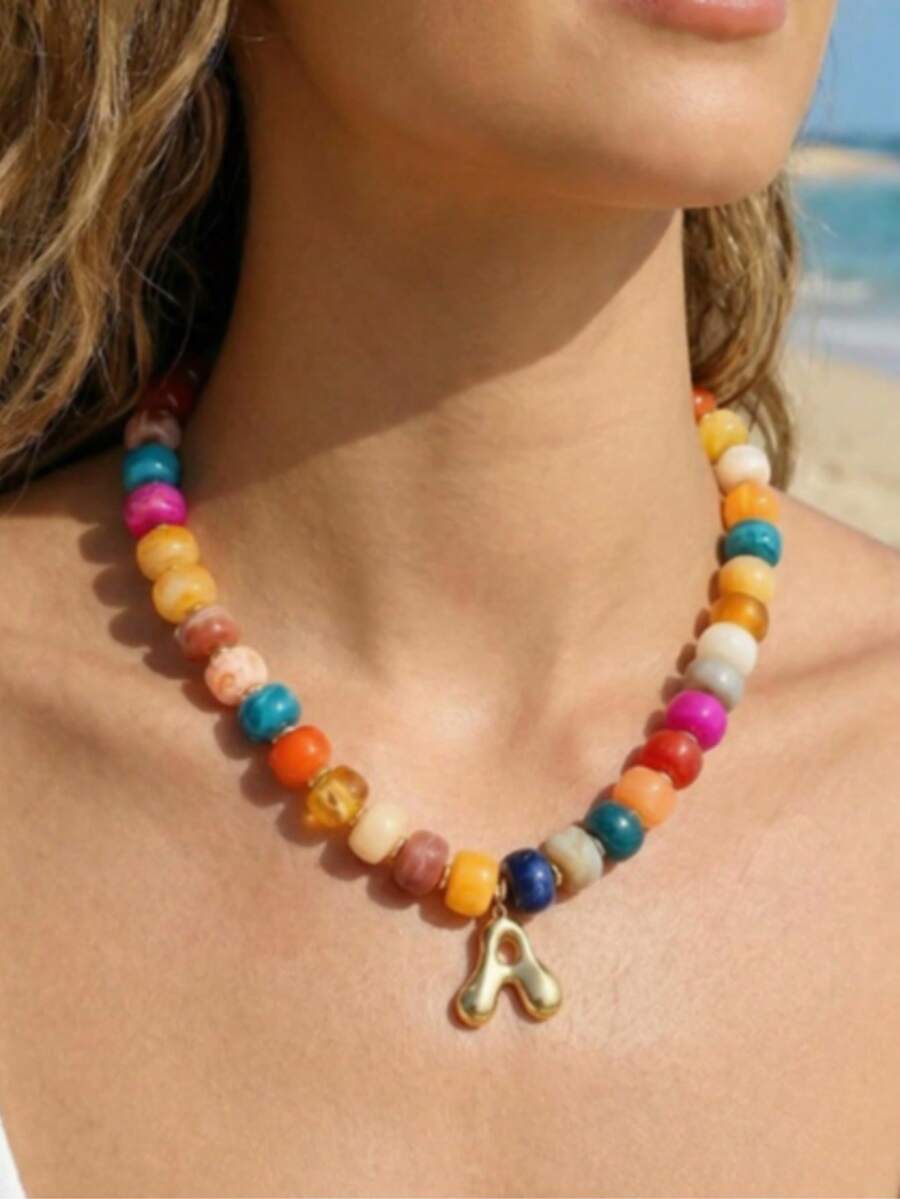1 pieza Collar de cuentas de resina de colores con colgante de letra de color dopamina, collar de acrílico - Multicolor - Ver 1