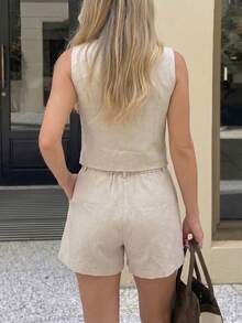 2 piezas/Set Conjunto de top de tirantes y pantalones cortos de unicolor para mujer, adecuado para ir al trabajo, reuniones casuales y viajes, elegante y a la moda - Albaricoque - Ver 2