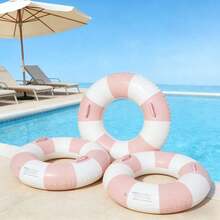 1 Adult Double Back-To-Back Floating Bed, Striped Inflatable Swim Ring For Water Park Floating, Lifebuoy (Handle Color Random), New Design Pink Inflatable Swim Ring With Handles, Summer White And Pink Inflatable Ring - 彩色 - 查看 3