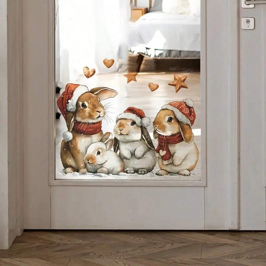1/3Pcs Cute Christmas Bunny Wall Stickers, Santa‑Hat Rabbit Star & Heart Decals, Xmas Aesthetic Self‑Adhesive Wall Art For Bedroom Living Room Indoor Holiday Home Decor Gift - Rabbit Wall Sticker - View 1