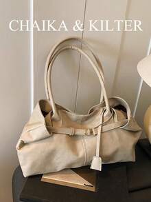 CHAIKA & KILTER Colorblock Large Capacity Handbag, Fashionable Shoulder Strap Decorated Shoulder Bag, Magnetic Closure, Suitable For Daily Outings, Dates, Commuting, Women's Fashion Bag - Khaki - View 5