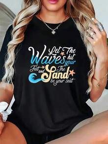 Camiseta unisex, camiseta de playa costera - Blusa de manga corta con estampado de olas turquesas y doradas y el eslogan "Deja que las olas te golpeen los pies y la arena sea tu asiento", co - Negro - Ver 1