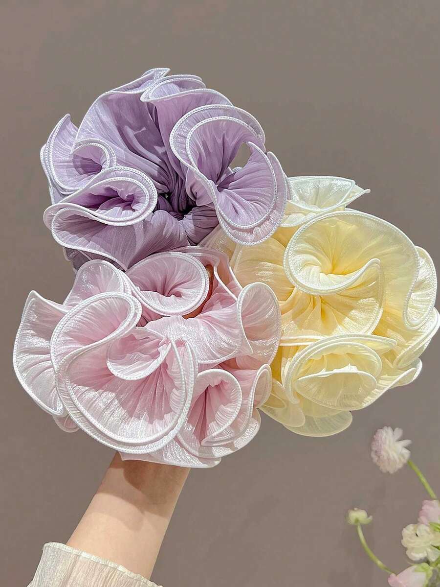 1pc Gentle Style Ruched Lace Scrunchie, Premium Oversized Hair Tie For Bun, High Elasticity Rubber Band Hair Rope - Multicolor - View 1