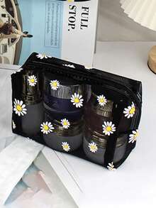 Daisy Print Mesh Makeup Bag, Portable Zippered Handheld Cosmetic Storage Pouch, Travel Toiletry Organizer Bag - Black - View 7
