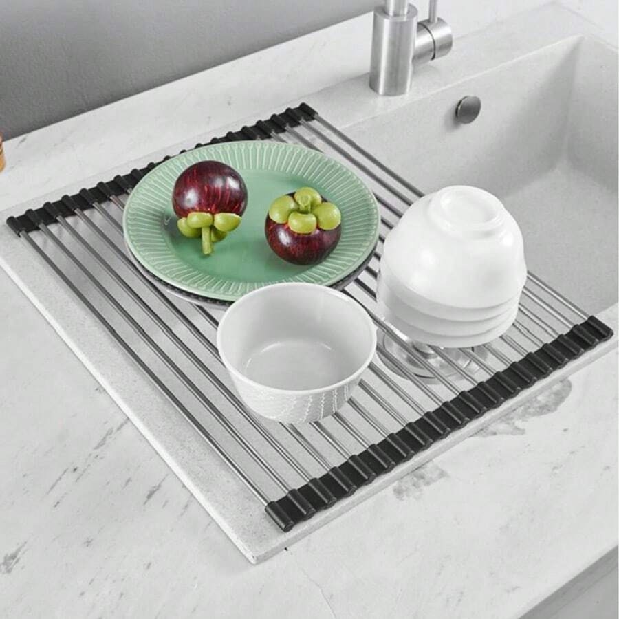 1pc Luxury Roll-Up Stainless Steel Dish Drying Rack - Space-Saving, Multi-Functional, Over-The-Sink Design, Portable, Rollable, Rust-Proof, Easy To Clean, Kitchen Sink Storage Rack, Tools And Mats - Perfect For Small Kitchens, Space-Saving Solution, Stylish Kitchenware, Compact Storage Rack, High-Quality Metal, Rust-Proof Material, Multi-Functional Tool, Home Cooks, Space-Conscious Users. Easter Gift, Mother's Day Gift