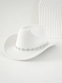 1pc Women's Solid Color Rhombus Sequin Decor Western Cowboy Hat, Elegant Casual Fedora Hat For Travel, Party, Gathering, Suitable For Daily Wear - White - View 1
