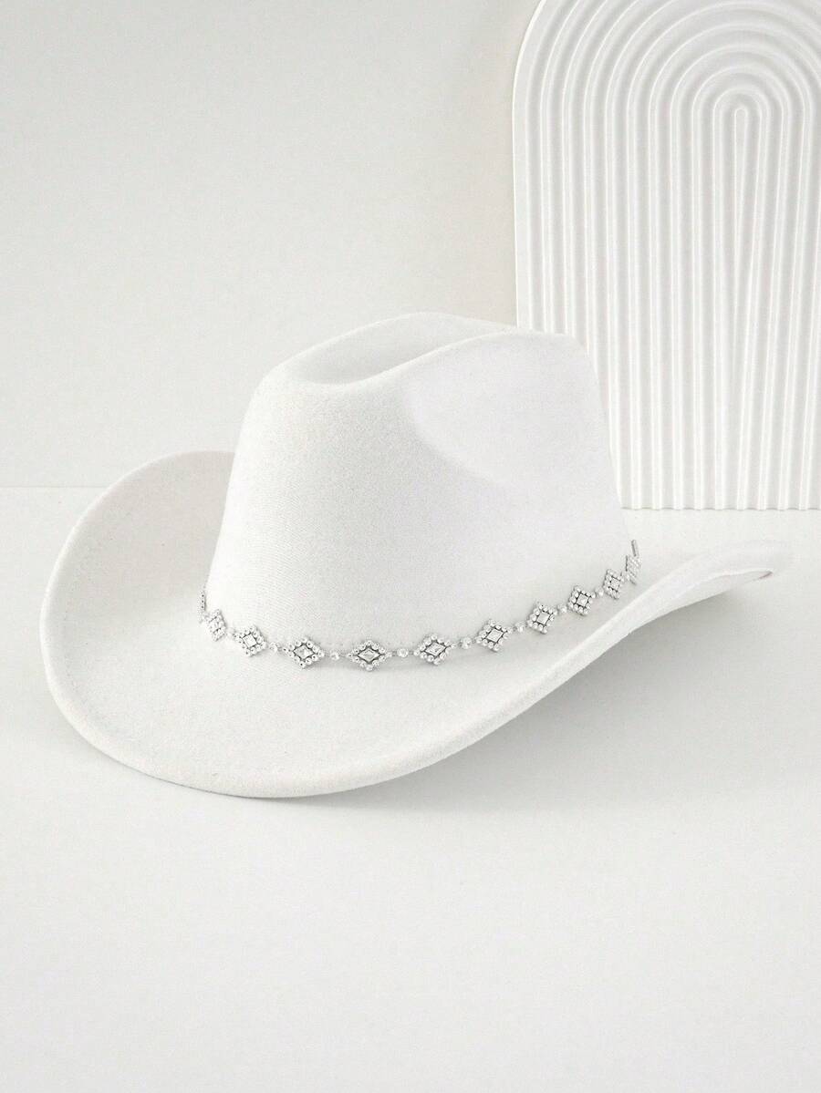 1pc Women's Solid Color Rhombus Sequin Decor Western Cowboy Hat, Elegant Casual Fedora Hat For Travel, Party, Gathering, Suitable For Daily Wear - White - View 1