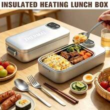 0.9L Large Capacity Rechargeable Heated Lunch Box, Cordless Battery Powered Food Warmer With Built-In Smart Timer, Portable Self-Heating Food Container For Car, Office And Road Trips - Light Grey - View 1