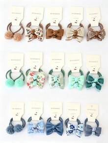 10pcs Children Elastic Bow Fabric Hair Ties, Floral & Ball Design, Suitable For Daily Use - Khaki - View 2