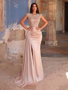 Elisanya Women's Elegant Long Sequin Dress, With Cap Sleeves, Round Neck, Slit Hem And Pleated Design Party Wedding - Champagne - View 6