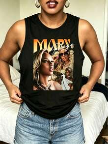 Mary J Blige Graphic Tank Tops Women, Y2K Summer Sleeveless Tops, Music Festival Going Out Crop Tops, Casual Streetwear - 黑色6 - 查看 1