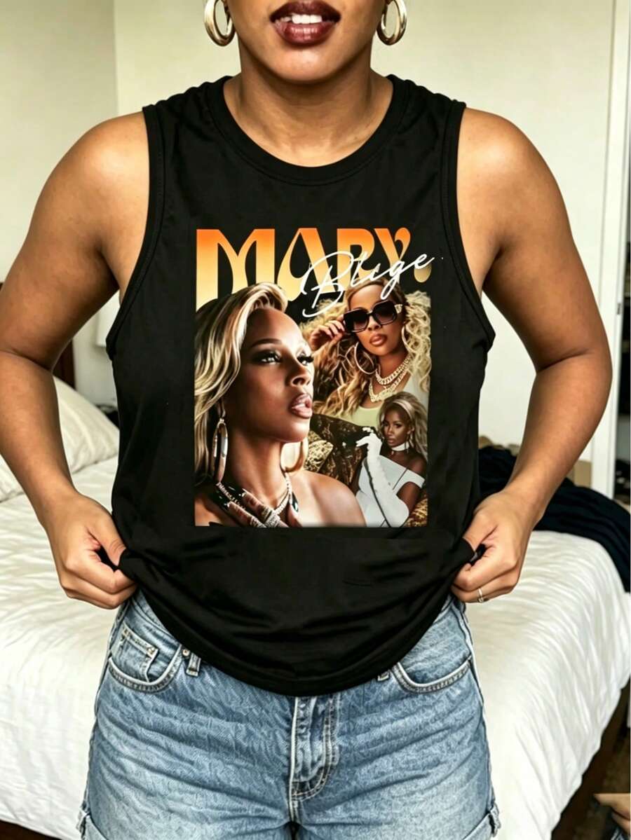 Mary J Blige Graphic Tank Tops Women, Y2K Summer Sleeveless Tops, Music Festival Going Out Crop Tops, Casual Streetwear - 黑色6 - 查看 1