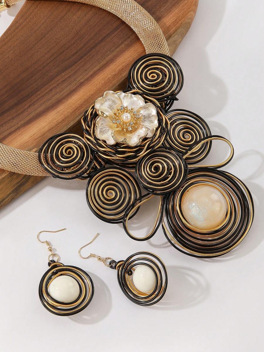 1 Conjunto Exagerado de Colar e Brincos de Flor de Liga de Cristal Artificial, Estilo Europeu do Oriente Médio Coreano, Feito à Mão com Fio de Alumínio Trançado e Resina, para Festa, Feriado e Bela Dama - Café com branco - Visão 1