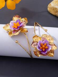 1 pieza Brazalete de puño abierto con flor 3D esmaltada en púrpura vintage, brazalete de metal plisado con trabajo pesado y diseño floral para mujer, accesorio de brazo para ambiente de playa y vacaciones con vestido de playa - Morado - Ver 3