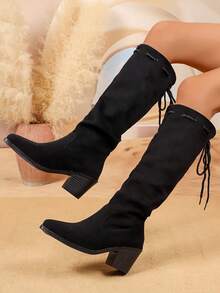 Women's Vintage Western Boots, Chunky Heel, Pointed Toe, Tall Shaft, Slouchy Leg, High Heel, Riding Boots, Autumn/Winter New Style, Fashionable Versatile - Black - View 1