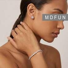 MDFUN 18K白金電鍍珠寶套組 3.5mm馬眼形鋯石網球手鍊與6mm圓形耳釘 - 手鍊+耳釘 - 查看 2