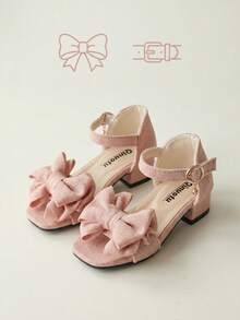 1 Pair 026 New Girls' High Heel Slippers, Casual Sweet Style, Rhinestone Trim Mesh Bow Decor, Ankle Buckle Slippers, Chunky Heel Gentle Fairy Style, Spring/Summer Versatile Dress Shoes - Pink - View 3