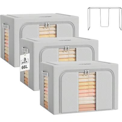 Set de 3 Bolsas Organizadoras 66L: con Ventana Transparente-Estructura de Acero Inoxidable-Plegable-para Guardar Mantas-Edredones-Chaquetas de Pluma