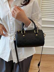 Dedoo Vintage Print Mini Cylinder Handbag With Scarf Decoration, Detachable Shoulder Strap, Versatile One Shoulder Crossbody Bag For Women - Black - View 8