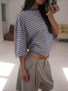 New Fashionable Elegant Striped Round Neck Drop Shoulder Half Sleeve T-Shirt, Suitable For Holidays, School, Vacation And Daily Wear Casual Summer - Blue - View 4