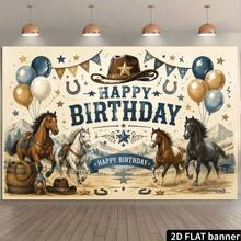 1pc Denim Birthday Party Banner, Made Of Polyester Material, Featuring Cowboy Hat, Horse, "HAPPY BIRTHDAY" Text And Other Western Theme Designs, Theme Party Decoration, Suitable For Indoor Celebrations, Outdoor Celebrations, Home Decor, Party Decoration, Birthday Party Decoration - A - View 4