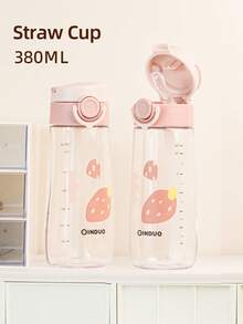 1pc 380ml Kids Straw Cup, Student Water Bottle, Lockable Leak-Proof Durable Tritan With Scale And Handle, Suitable For Daily Use. Cute Gift - Strawberry Pink - View 1