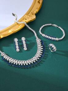 4PCS New Luxury Fashion Cubic Zirconia Heart-Shaped Tassel Pendant Necklace, Earrings, Bracelet, Ring Jewelry Set. Elegant Accessories For Banquet, Party, Wedding, Bride - Royal Blue - View 2