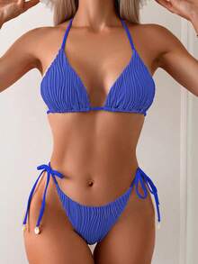 Women's Solid Color Special Wave Texture Fabric Triangle Back Bikini 2 Pieces Set Summer - Royal Blue - View 5