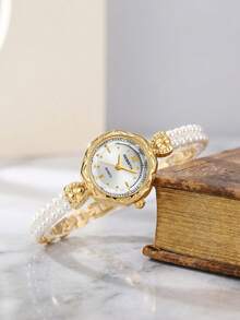 1 pièce Bracelet montre vintage or et perles pour femmes, convient pour un port quotidien - Doré - Voir 8