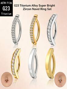 Piercing de Umbigo Dourado & Prateado, Pino de Titânio G23 e Aço Inoxidável com Zircônia Pavê Completa, Anel Liso Polido Hipoalergênico, À Prova d'Água, Resistente ao Suor e Não Desbota, Presente Perfeito para Halloween/Festa/Uso Diário - piercing na barriga - Visão 1