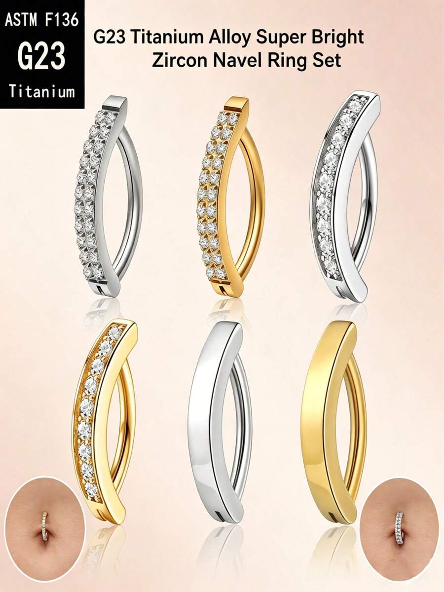 Piercing de Umbigo Dourado & Prateado, Pino de Titânio G23 e Aço Inoxidável com Zircônia Pavê Completa, Anel Liso Polido Hipoalergênico, À Prova d'Água, Resistente ao Suor e Não Desbota, Presente Perfeito para Halloween/Festa/Uso Diário - piercing na barriga - Visão 1