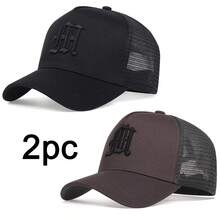 2 piezas Gorras de béisbol de malla con bordado de letras góticas para hombres - Negro y gris oscuro - Ver 7