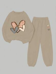Teen Girl Heart Print Crew Neck Sweatshirt And Jogger Pants Casual Set - Khaki - View 3
