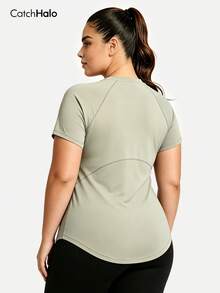 Plus Size Women Short Sleeve Solid Color Sports Top, Asymmetric Hem, Quick Dry Stretchy Casual Fitness T-Shirt, Gym Workout Daily Wear, Spring - Mint Green - View 4