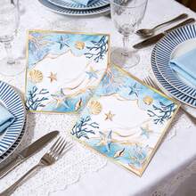 20/40/60pcs Watercolor Ocean Style Gold Rim Cocktail Napkins, Starfish And Shell Print 2-Ply Thickened Beach Tabletop Decorative Napkins, Suitable For Island Party, Pool Party, Beach Wedding, Mediterranean Style Party, Picnic, Baby Shower And Birthday Party - Multicolor - View 1