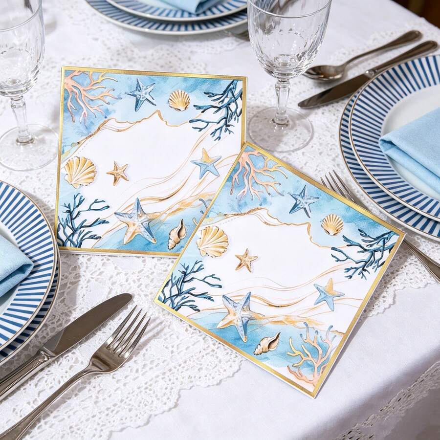 20/40/60pcs Watercolor Ocean Style Gold Rim Cocktail Napkins, Starfish And Shell Print 2-Ply Thickened Beach Tabletop Decorative Napkins, Suitable For Island Party, Pool Party, Beach Wedding, Mediterranean Style Party, Picnic, Baby Shower And Birthday Party - Multicolor - View 1
