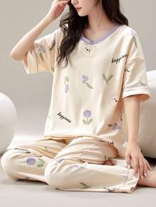 2件組女款居家服套裝，可愛熊印花韓式浪漫極簡休閒短袖長褲套裝，適合春夏穿著 - 香檳色 - 查看 10
