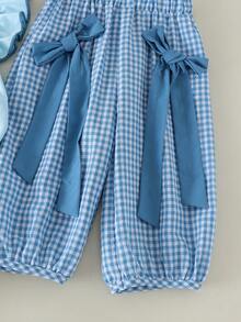 2pcs Setelan Bayi Perempuan Nyaman Lengan Bergelombang Biru Atasan Tanpa Lengan Lengan Pendek & Celana Panjang Kotak-kotak dengan Pita di Bagian Bawah, Tipis untuk Musim Semi/Panas - Baby Blue - View 7