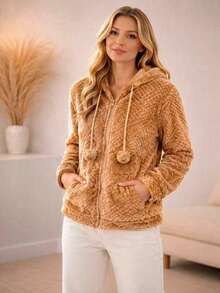Women's Fleece Sweatshirt With Hood - Brown 11 - View 1