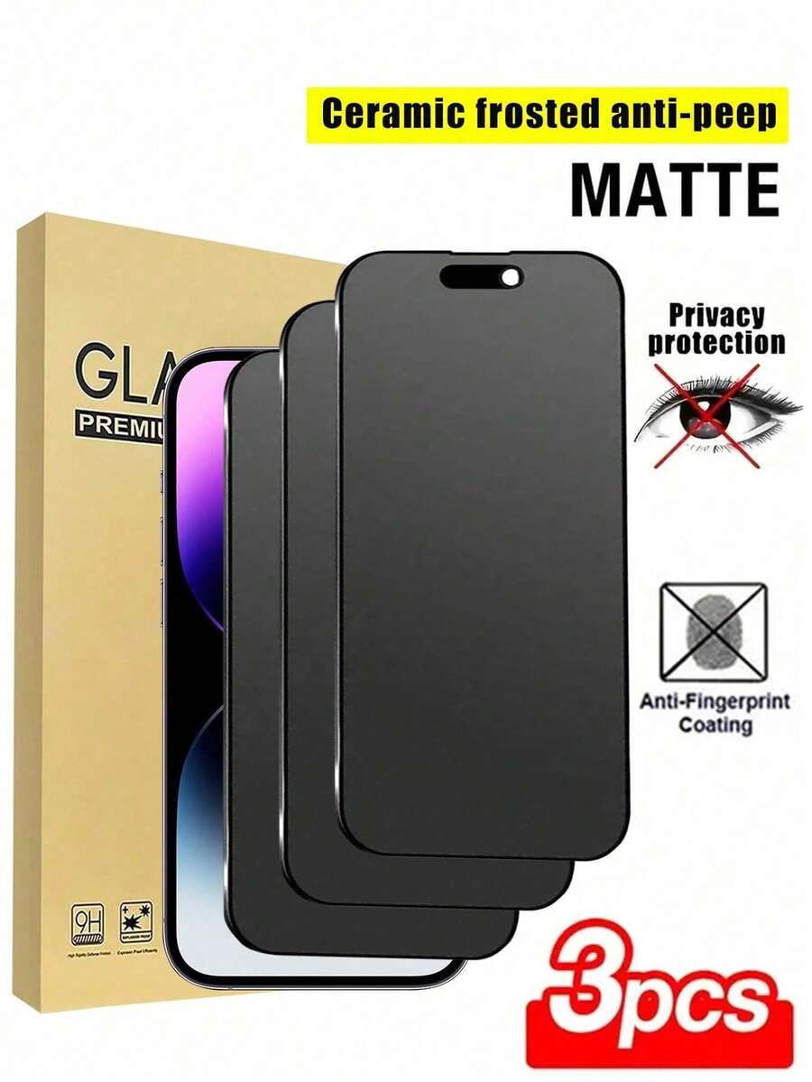 3-Pcs Full Screen Matte Privacy Ceramic Screen Protector, Upgraded Edge Protection, Anti-Fingerprint, Easy Installation, Case Friendly, Compatible With IPhone 17 Pro Max/17 Air/17/16 Pro/16/15 Pro Max/15/14/14 Plus/13 Pro/13/12/XS Max/XR Series - Black - View 1
