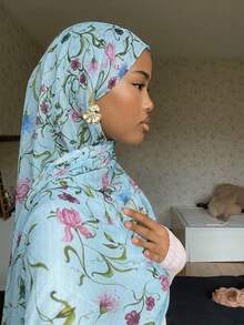 1 pieza Hijab con estampado floral, pañuelo elegante y de moda con estilo bohemio para mujeres, chal ligero adecuado para uso diario y abaya para vestidos, playa, vacaciones, accesorios, esencial de viaje - Azul claro - Ver 5