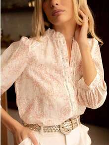 Women's Elegant Ruffle Collar Floral Print Blouse, 3/4 Sleeve, Pink, Vacation Style, Embroidered Trim Collar - Pink - View 3