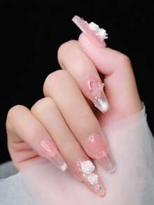 10pcs Medium Tapered Fake Nails With Nude Pink Base & Brown Glitter Gradient, 3D White Roses, Pearl & Rhinestone Accents Gentle Fairy Style Handmade Press On Acrylic Nails Reusable With Jelly Glue Sticker, Stick & File For Women Daily Or Party Wear - Multicolor - View 3