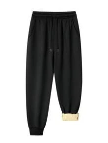 女士户外保暖内衬慢跑裤，适合秋冬季休闲穿着，保暖舒适，黑色运动款 - 黑色 - 查看 3