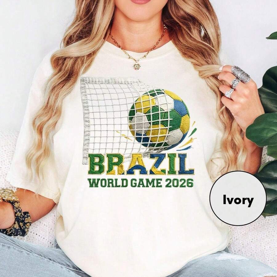 Brazil2026Football Year T Shirt Brazilian Football Fan Apparel Global Championship Trophy Coffee Palm Pattern - 白色 - 查看 1